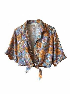 Love Notes Boho chic Orange Floral Tie-Front Crop Top